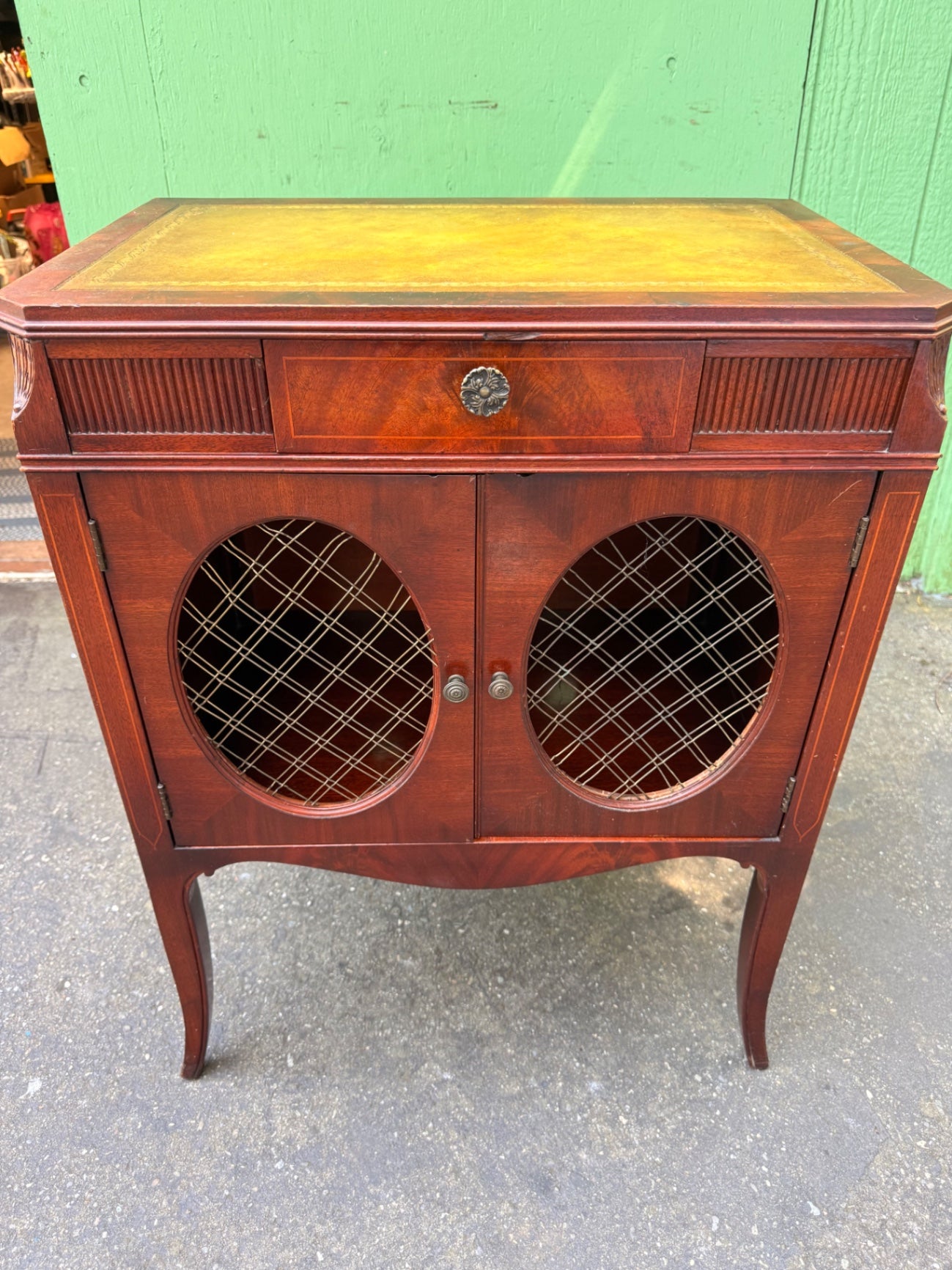 Vintage Mahogany Finish Accent Cabinet with Wire Mesh Doors | Federal Style Side Table