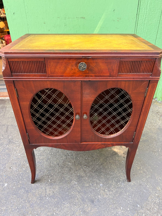 Vintage Mahogany Finish Accent Cabinet with Wire Mesh Doors | Federal Style Side Table