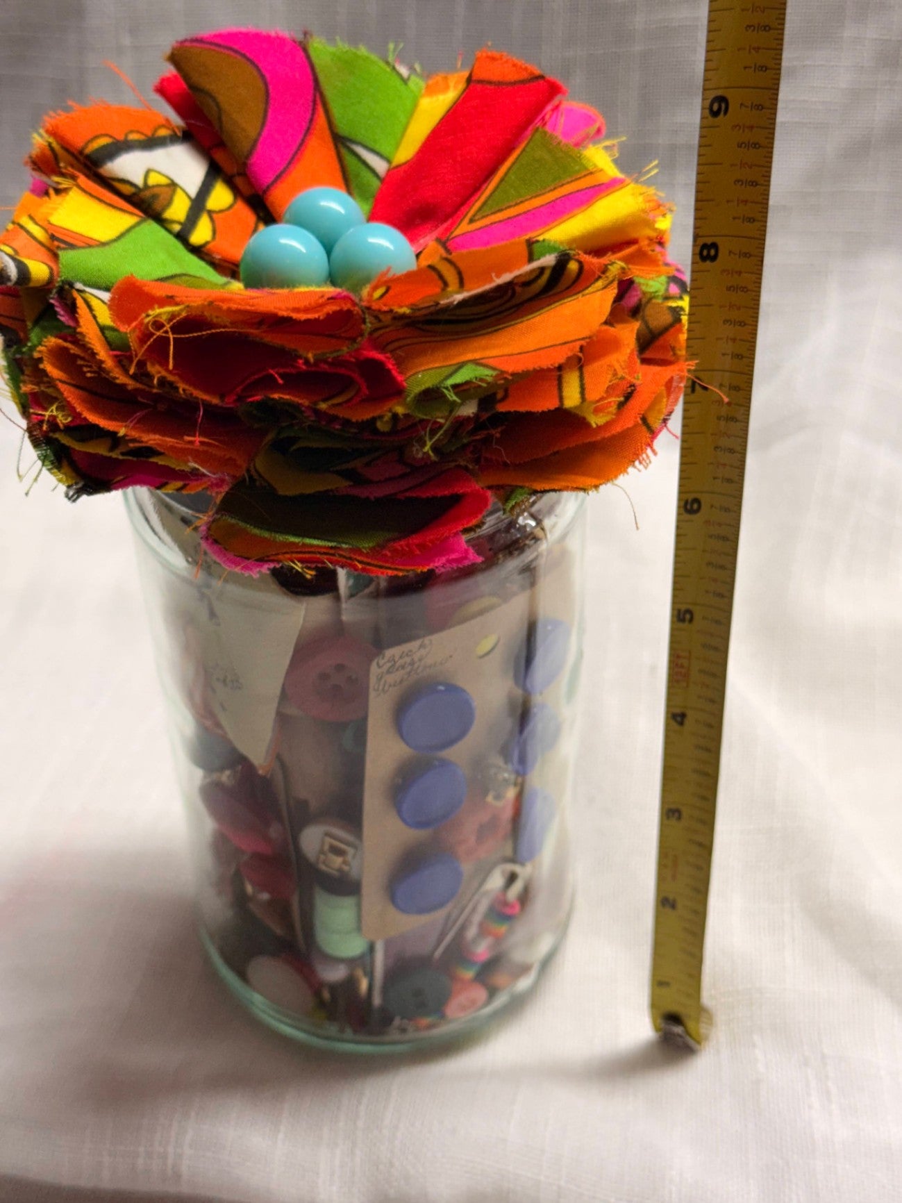 Vintage Curated Sewing Notions "Junk Jar" | Mixed Antique Buttons, Thread & Ribbon | Fabric Flower Topper