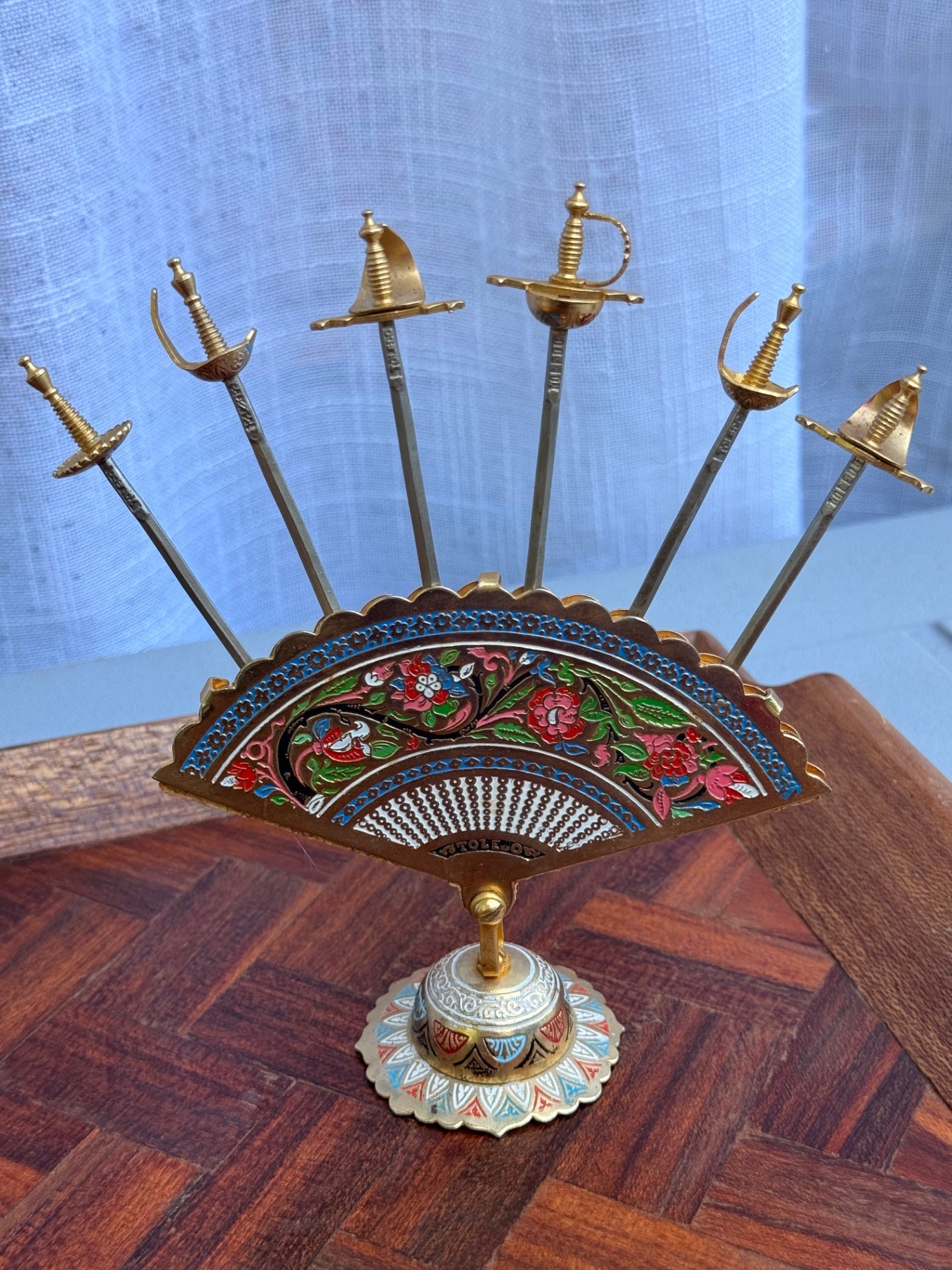Vintage Spanish Toledo Damascene Sword Cocktail Pick Set | Enamel Fan Stand