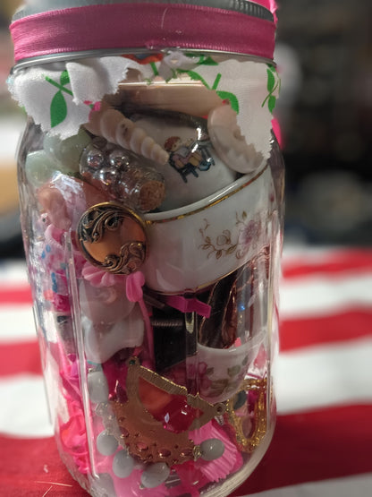 Vintage Assemblage "I Spy" Curio Jar | Floral Fabric-Topped Memory Jar with Mixed Trinkets