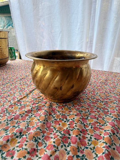 Vintage Swirl Repousse Brass Planter Bowl | Fluted Cachepot Jardiniere