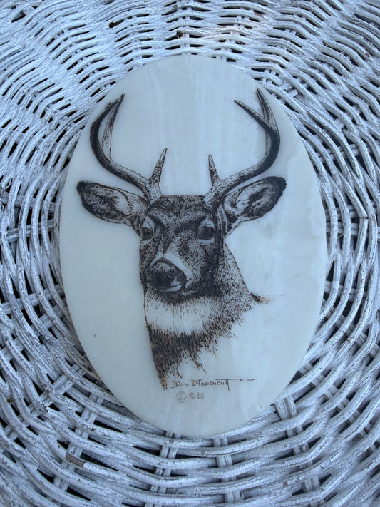 Vintage Don Northcutt Signed Deer Buck Scrimshaw Art | 1986 Oval Carved Plaque
