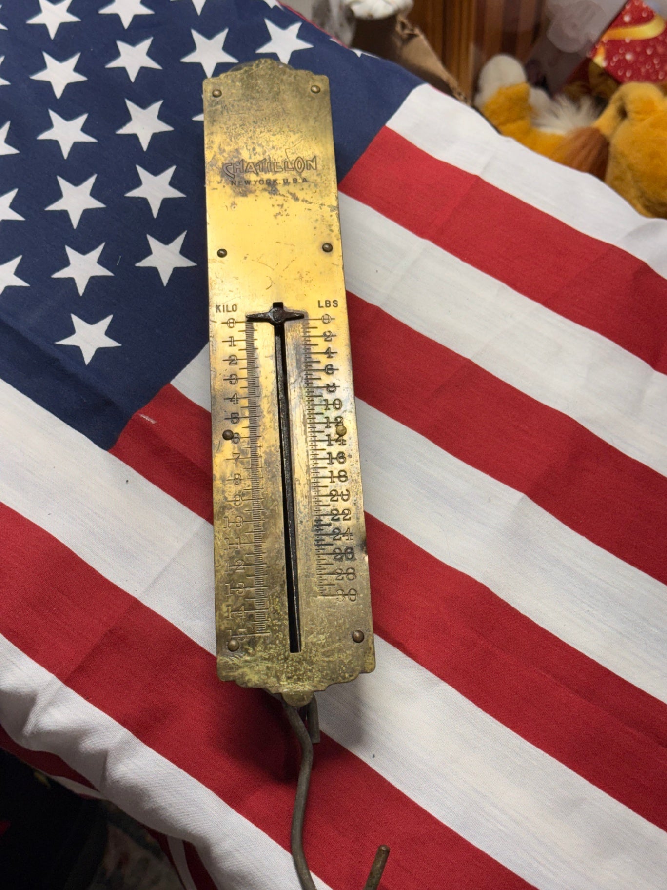 Antique Chatillon Brass Face Hanging Spring Scale | 30 Lbs New York Farm Scale