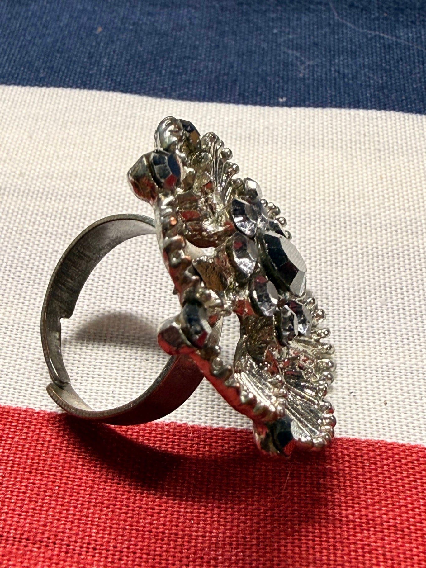 Vintage Silver-Tone Floral Rhinestone Statement Ring | Openwork Starburst Cocktail Ring