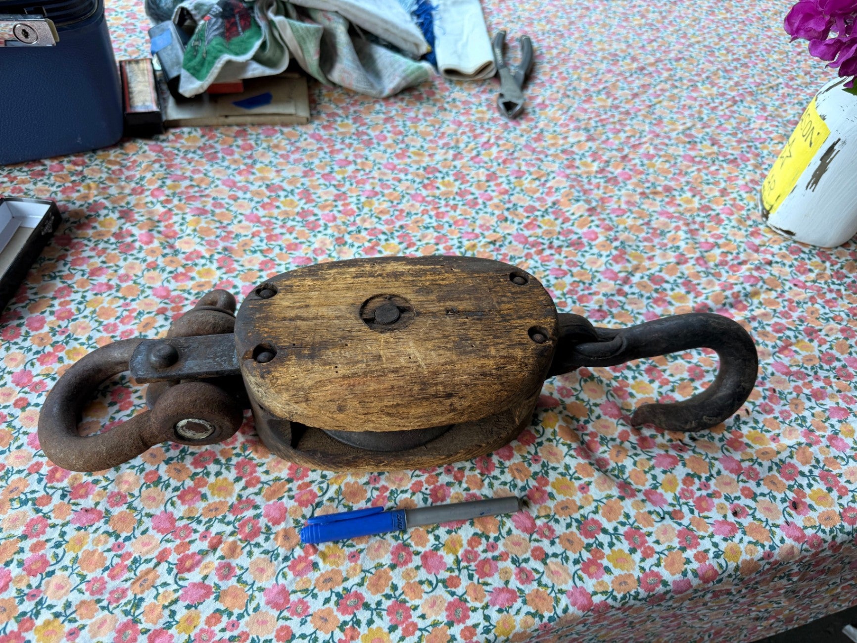 Antique Wooden Pulley Block & Tackle | Heavy-Duty Iron Hook Rigging Tool
