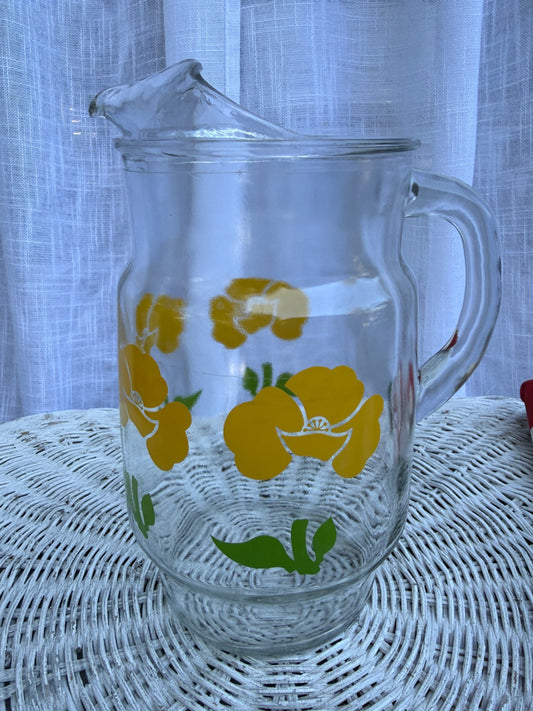 Vintage Clear Glass Pitcher with Yellow Floral Pattern | Retro 1970s Ice Lip Jug