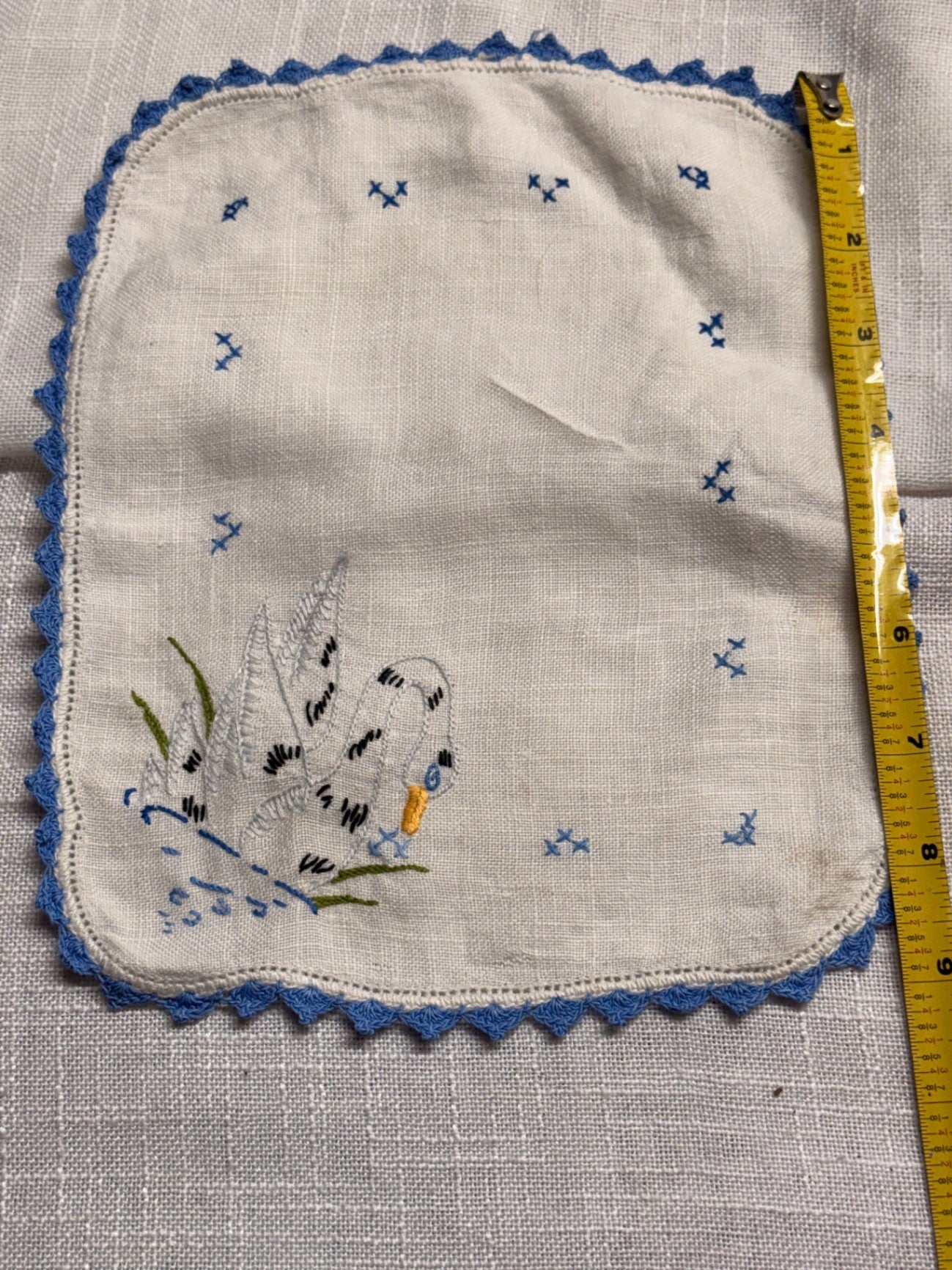 Vintage Hand-Embroidered Swan Doily | Blue Crocheted Lace Edge Dresser Scarf