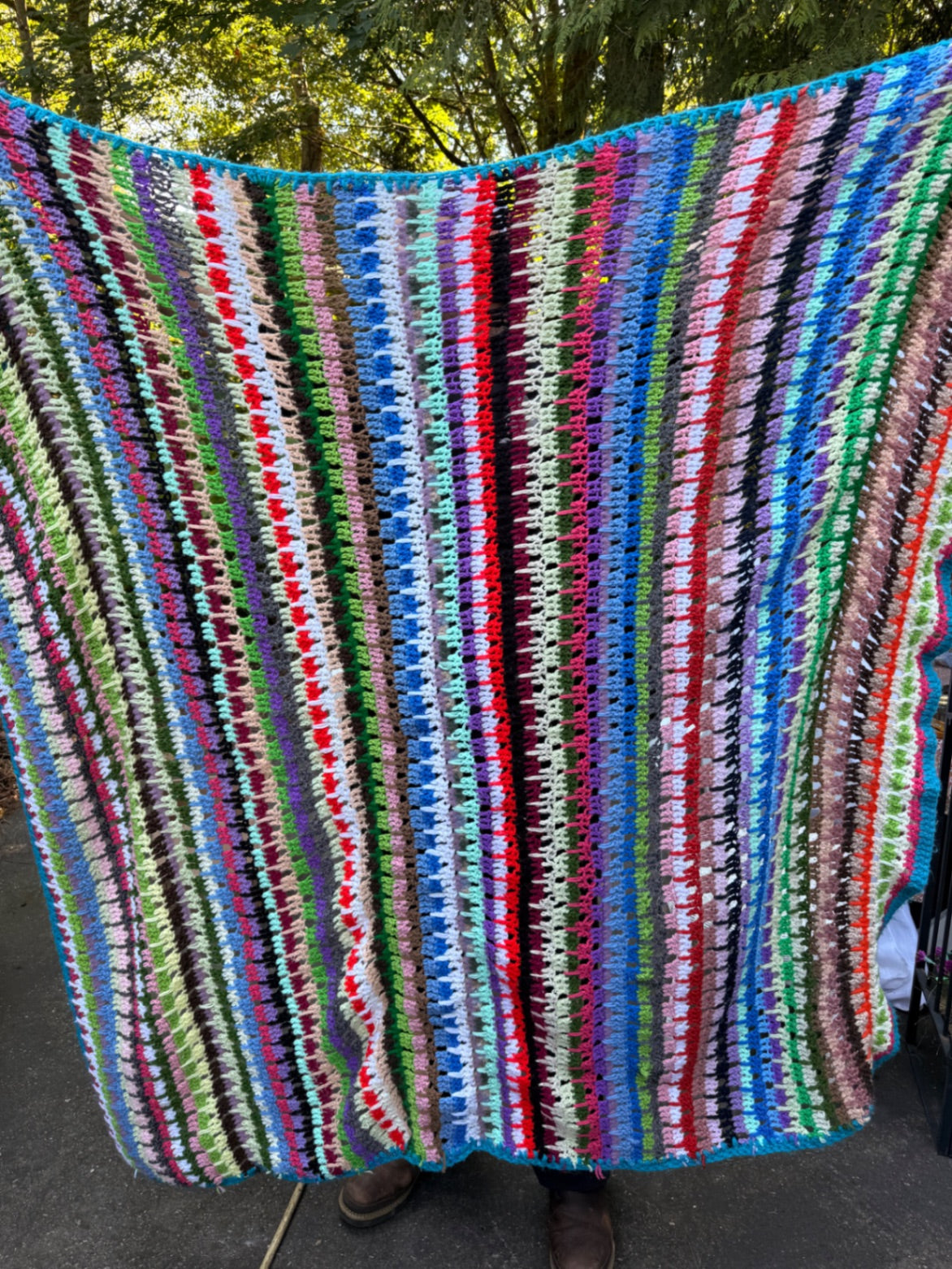 Vintage Handmade Crocheted Striped Afghan | Colorful Boho Scrap Yarn Throw Blanket