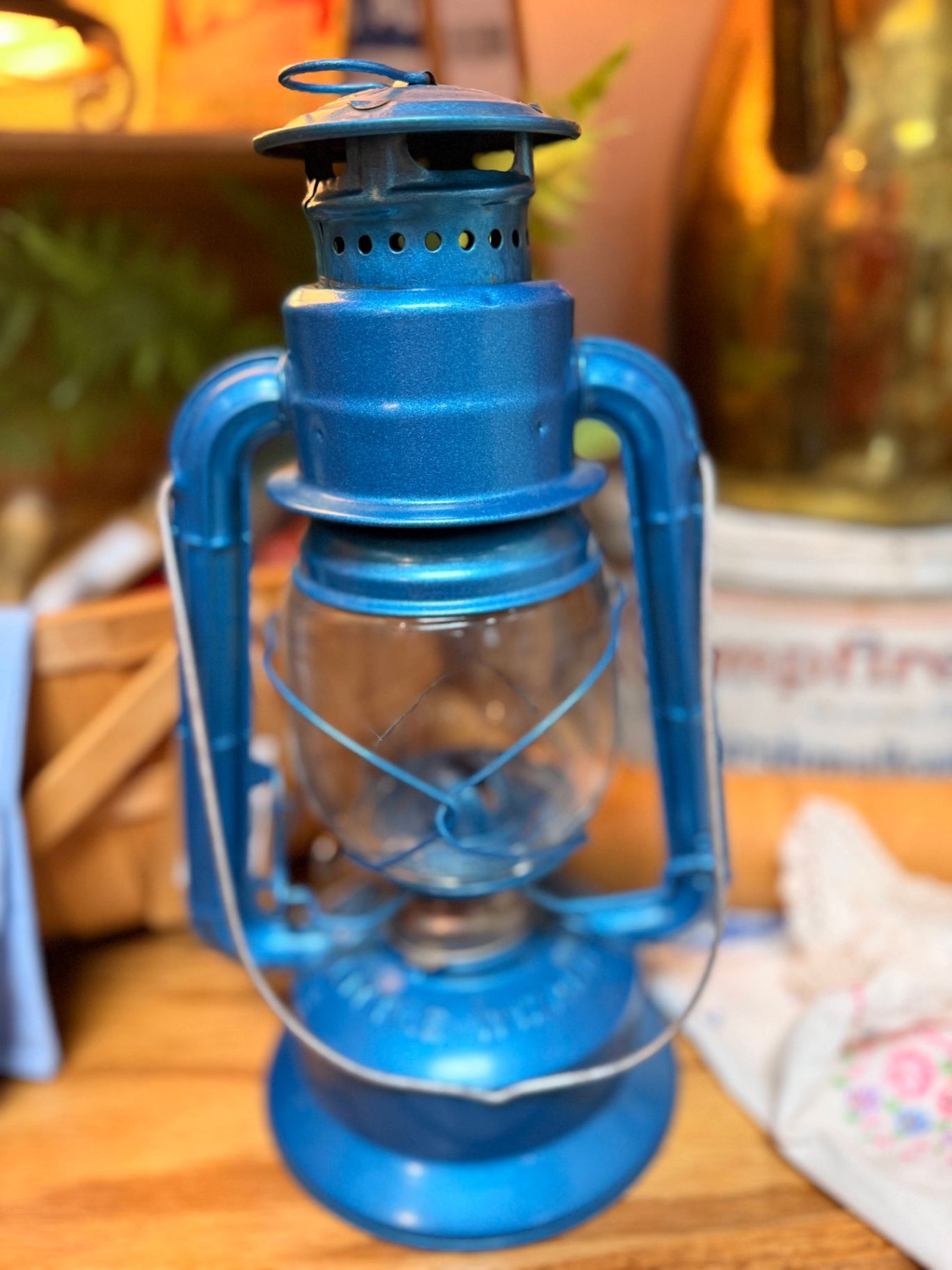 Vibrant Metallic Blue Kerosene Hurricane Lantern | Rustic Oil Lamp