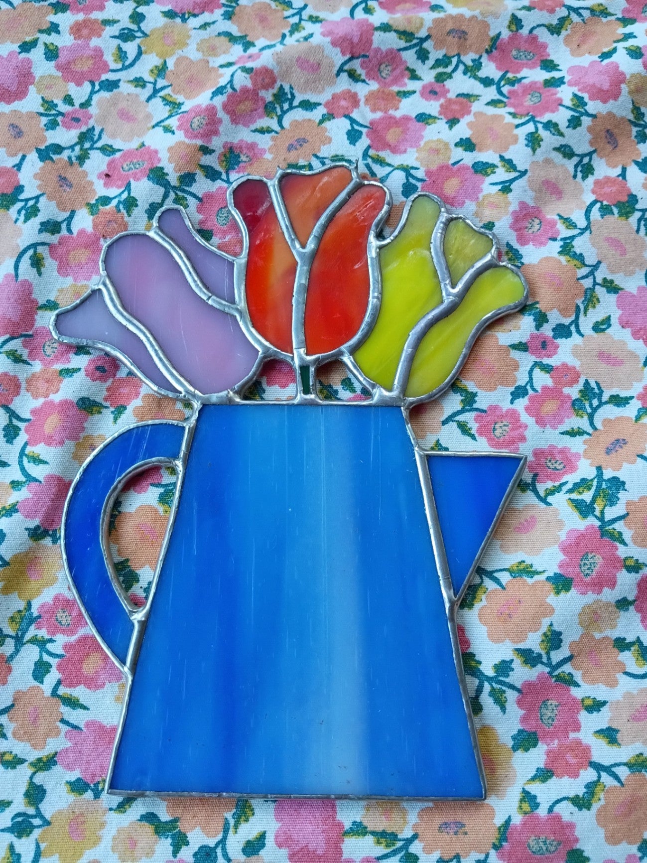 Handmade Stained Glass Tulip Bouquet Sun Catcher | Blue Pitcher with Red & Yellow Flowers