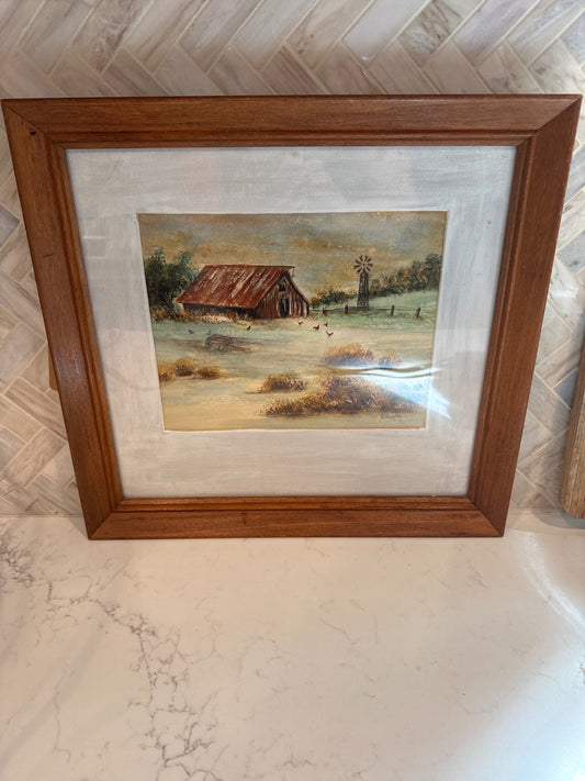 Framed Watercolor Fall Barn