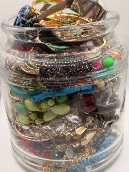 Vintage Costume Jewelry Jar Lot | Packed Assortment of Necklaces, Bracelets & Watches