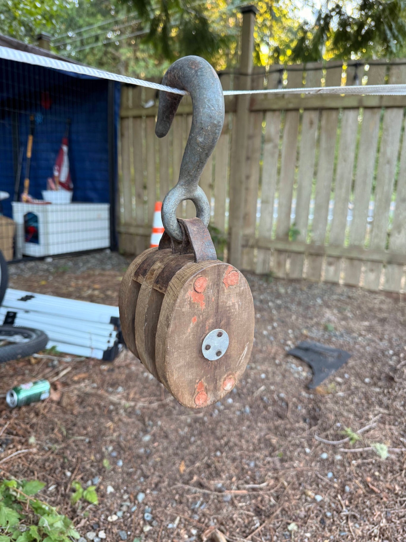 Vintage Double-Sheave Wooden Pulley Block | Heavy-Duty Iron Swivel Hook Rigging