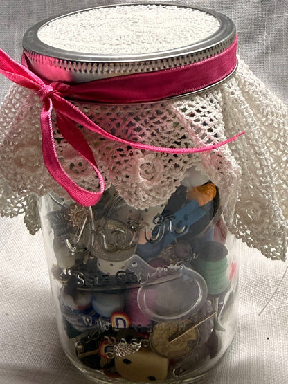 Vintage Assemblage "I Spy" Curio Jar | Lace Topped Memory Jar with Mixed Trinkets