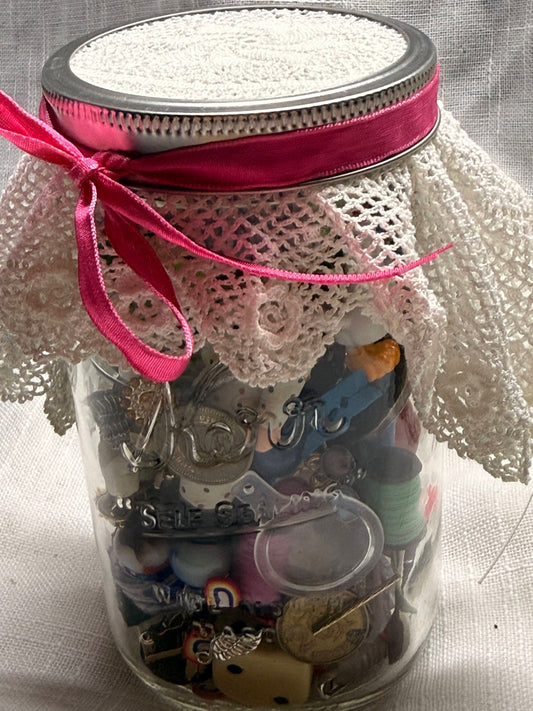 Vintage Assemblage "I Spy" Curio Jar | Lace Topped Memory Jar with Mixed Trinkets