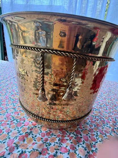 Vintage Hammered Brass Planter Bucket | Rope Trim & Tassel Accent Made in India