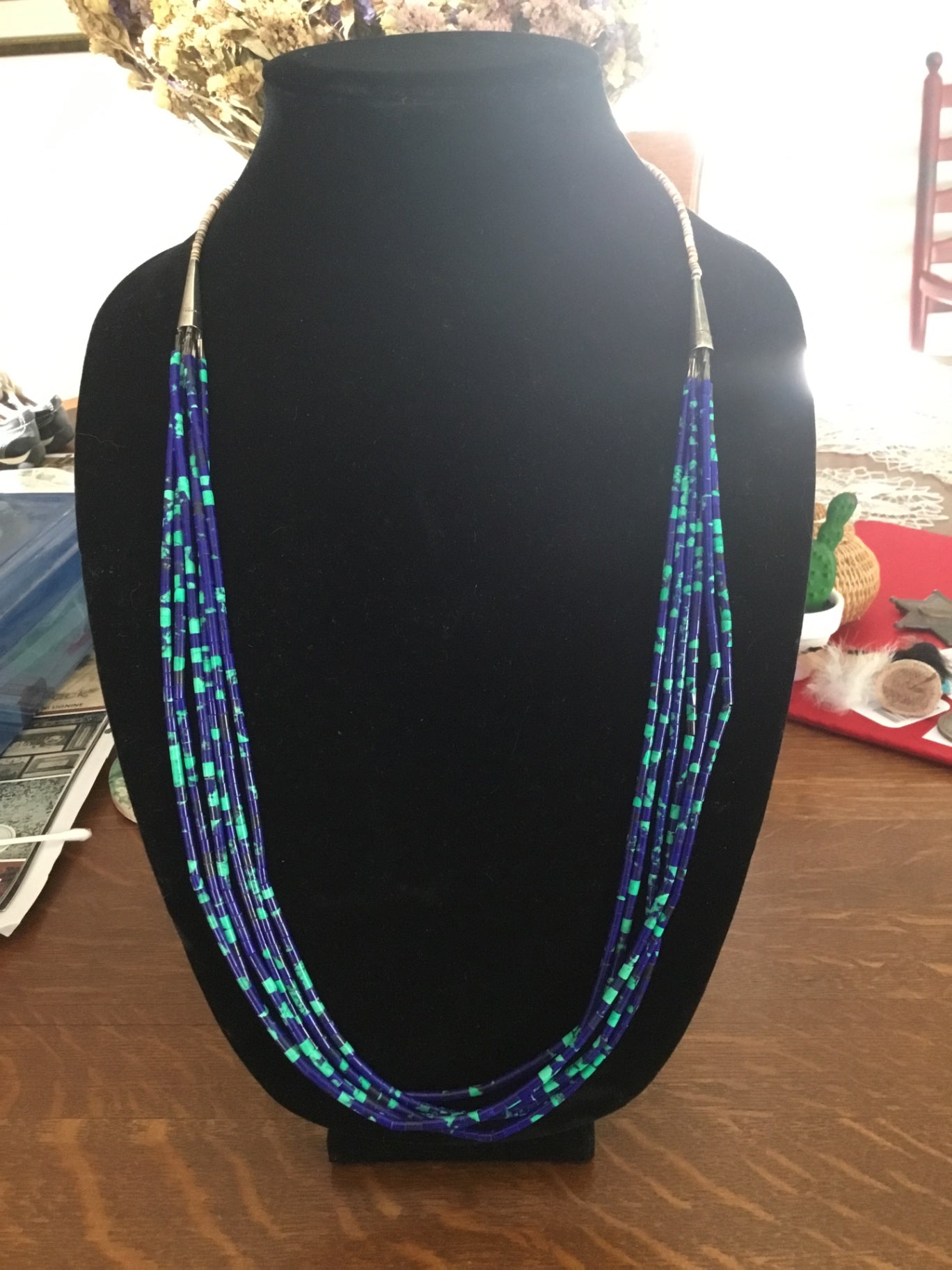 Handmade Navajo Azurite, Heishi 6 strand, sterling