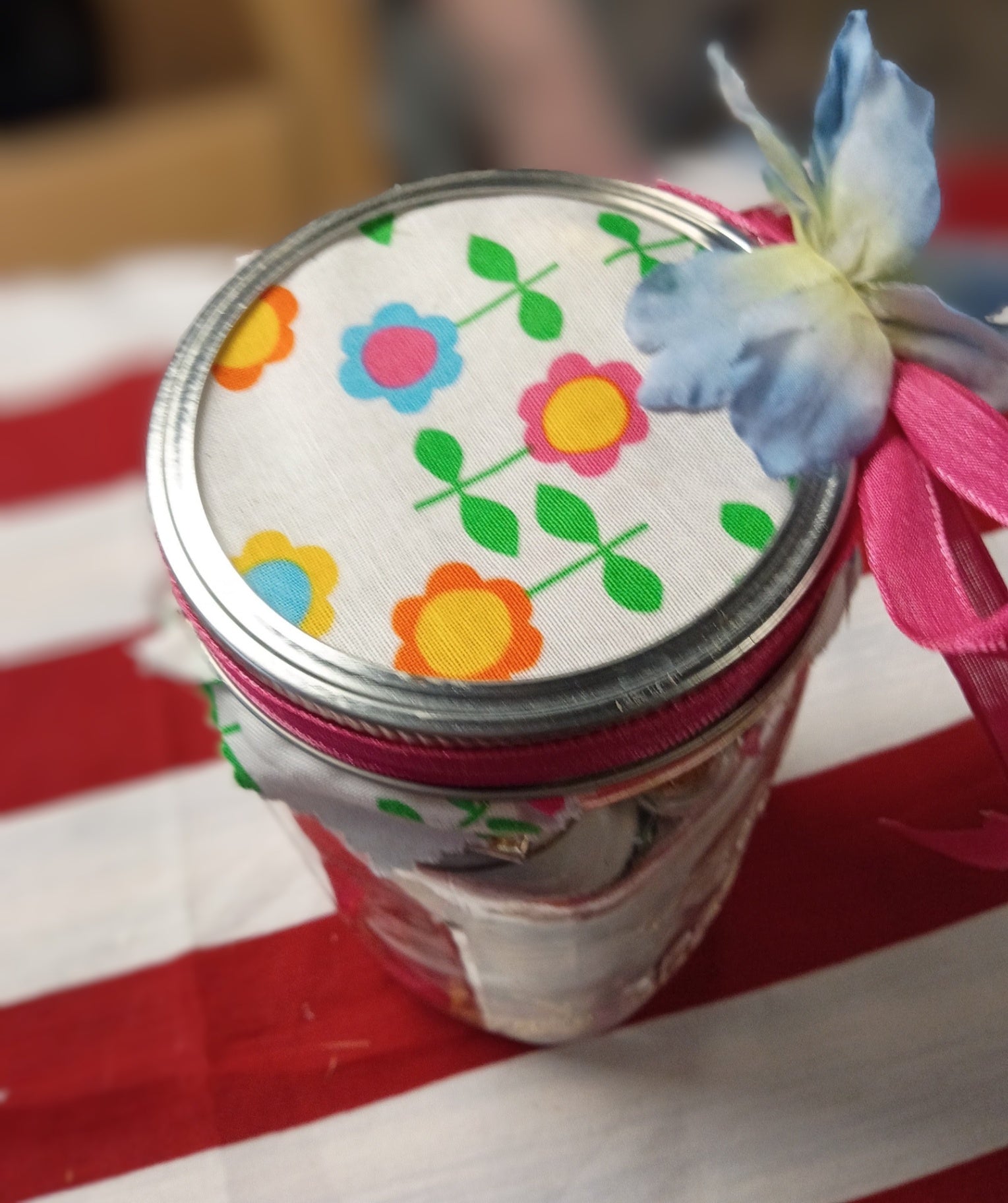 Vintage Assemblage "I Spy" Curio Jar | Floral Fabric-Topped Memory Jar with Mixed Trinkets