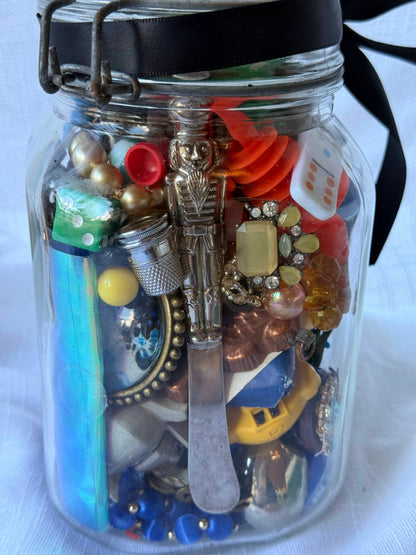 Vintage I Spy Memory Jar | Assemblage Art Curio Jar Filled with Mixed Trinkets & Treasures