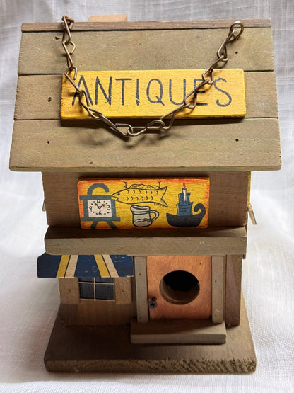 Vintage Shade Tree Creations "Antiques" Shop Wooden Birdhouse | Folk Art Decor
