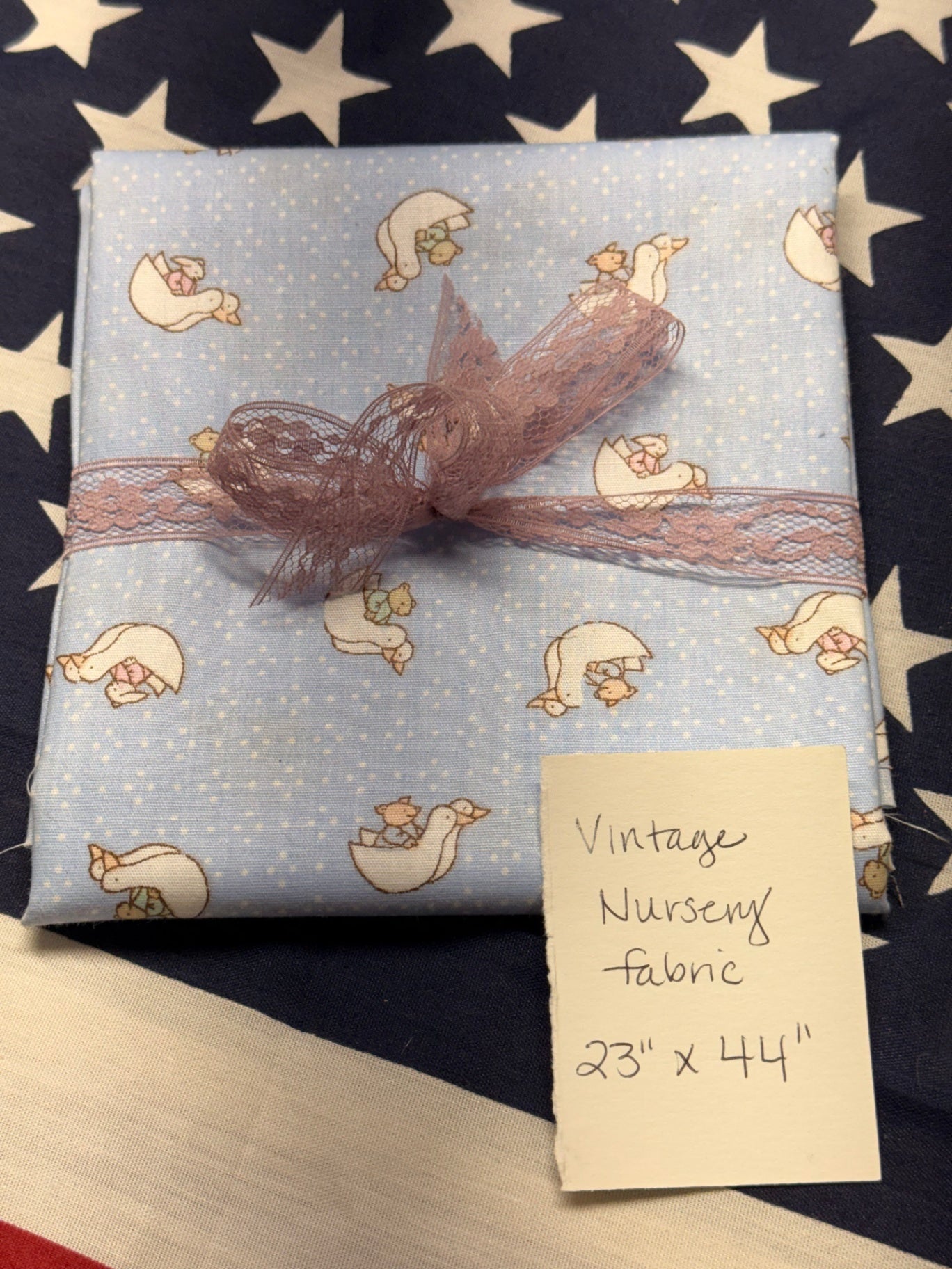 Vintage Blue Nursery Cotton Fabric Remnant | Cute Duck & Teddy Bear Print