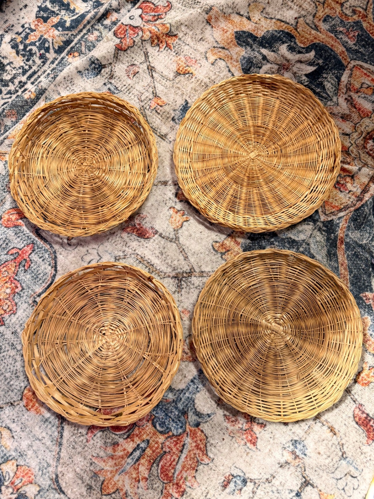 Set of 4 Vintage Woven Wicker Rattan Plates | Boho Wicker Tray Chargers