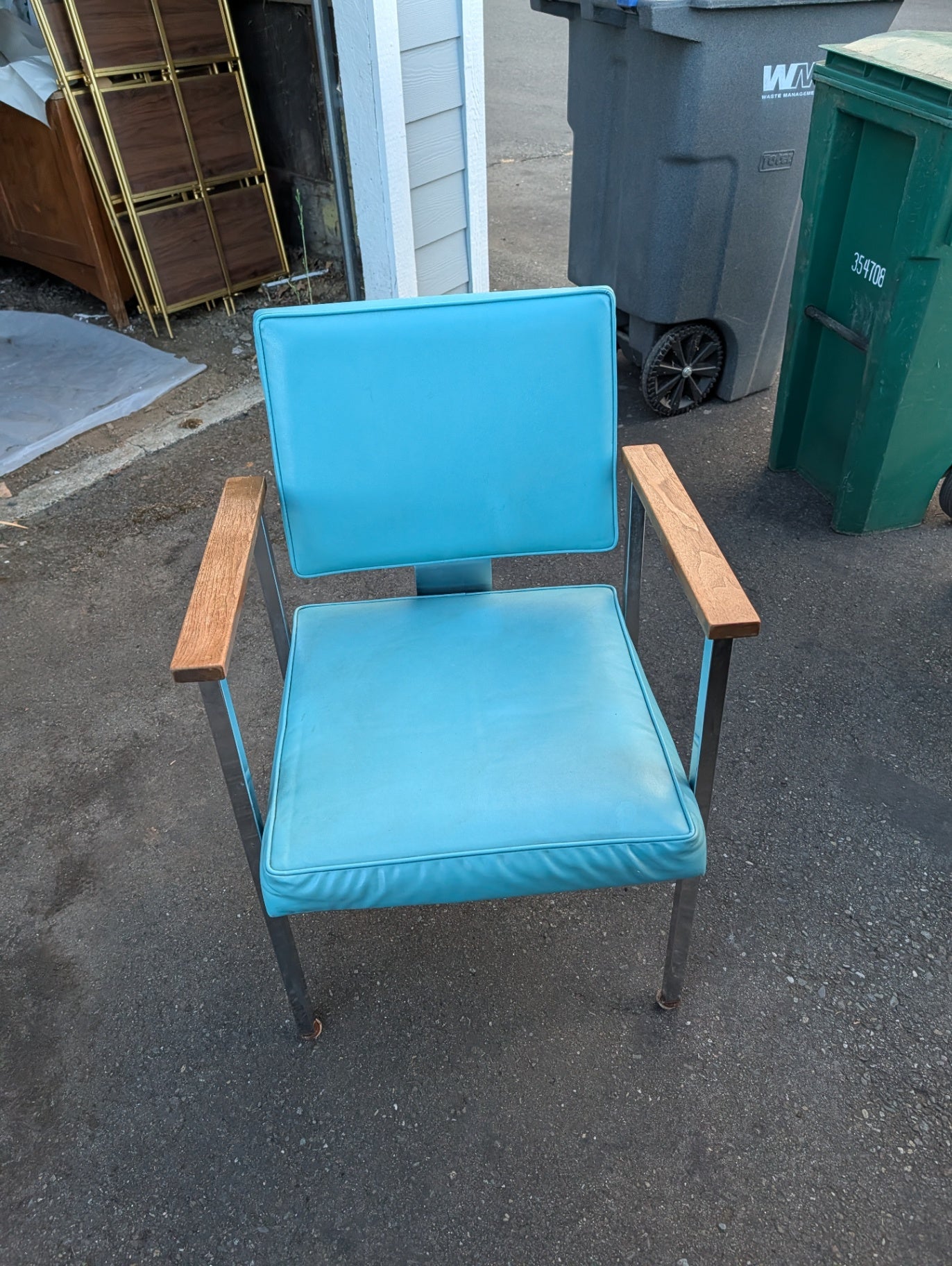 Mid-Century Chair with Wooden Arms and Faux Leather Aqua  Seat and Back