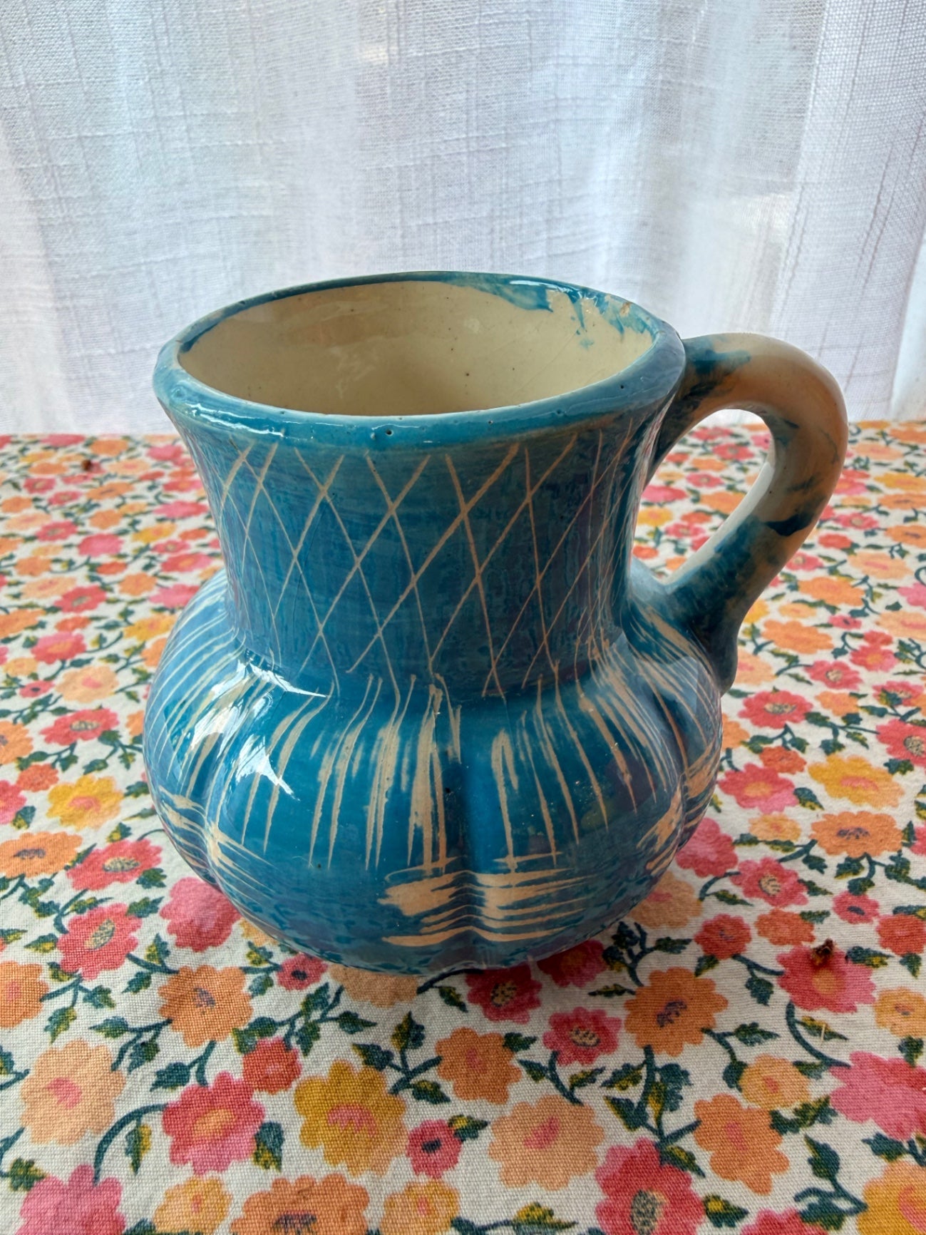 Vintage Blue & White Sgraffito Pottery Pitcher | Hand-Carved Glazed Creamer or Jug