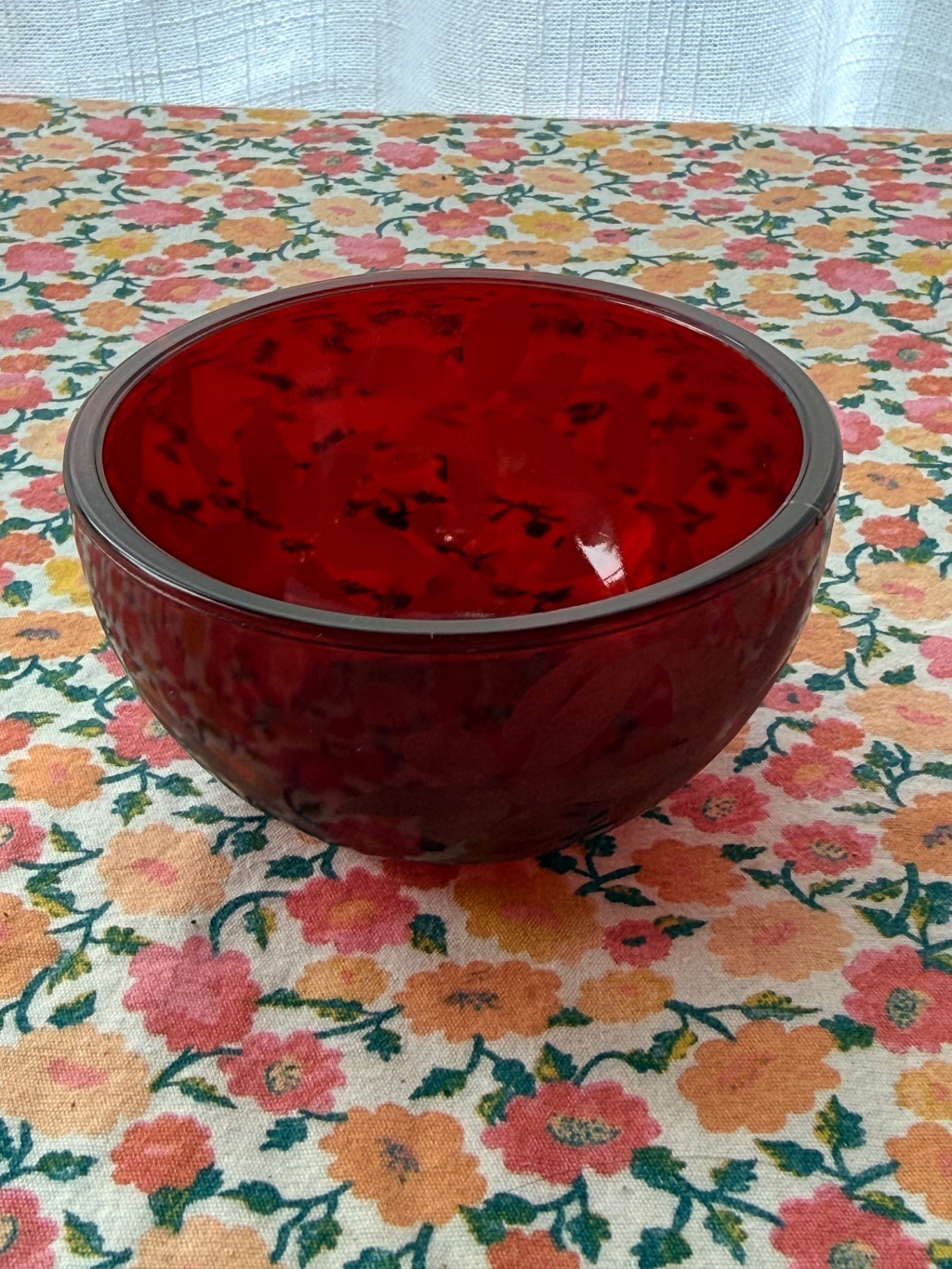 Vintage Ruby Red Etched Glass Bowl | Cranberry Glass Floral Leaf Decorative Dish