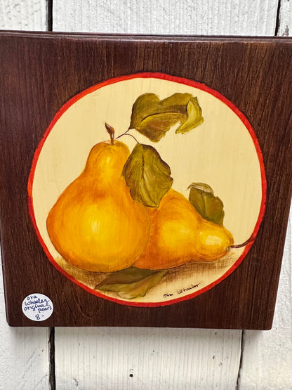 Variety of hand painted fruit on wood, signed by artist