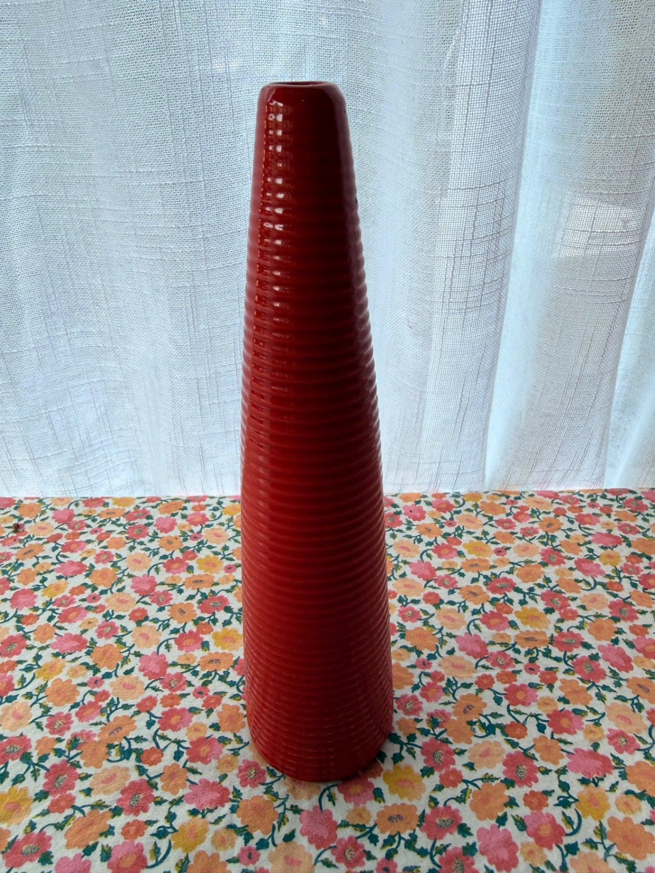 Tall Vintage Red Ribbed Art Glass Vase | Mid-Century Modern Cone Bottle Vase