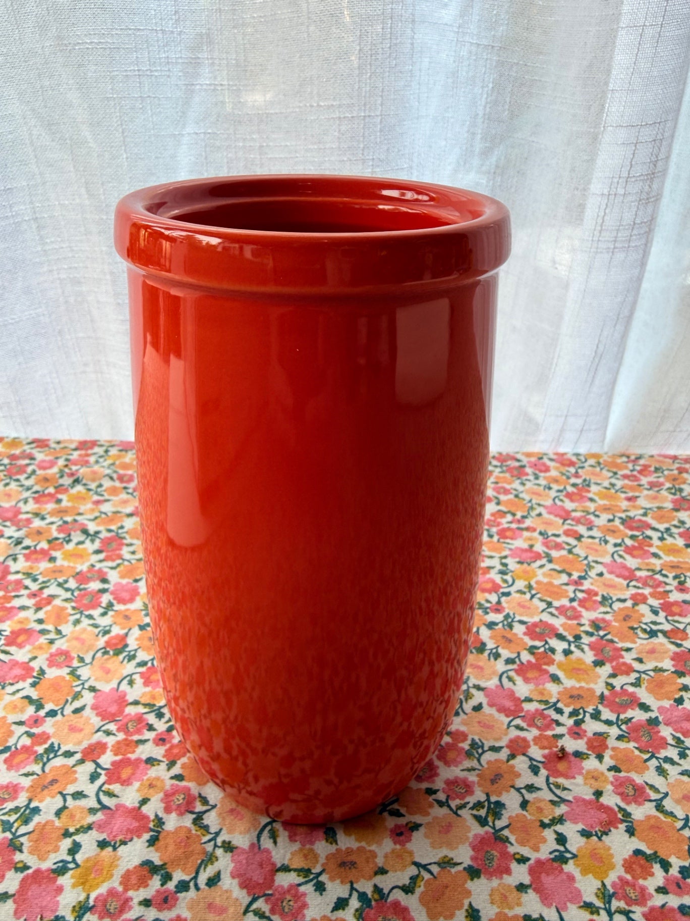 Mid-Century Modern Glossy Terracotta Red Ceramic Umbrella Stand | Tall Cylinder Vase