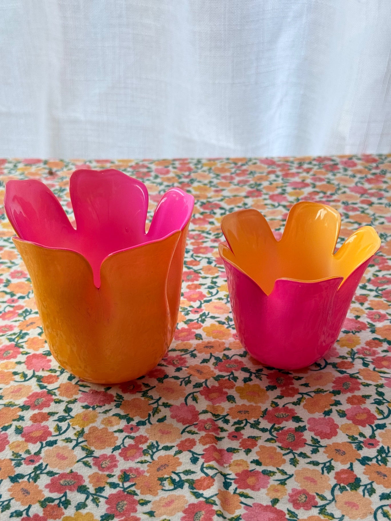 Vintage Pair of Dual-Tone Tulip Glass Votives | Pink & Orange Blossom Vases Set
