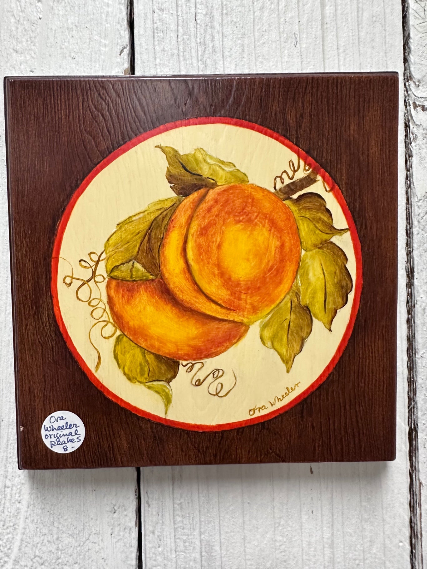 Variety of hand painted fruit on wood, signed by artist