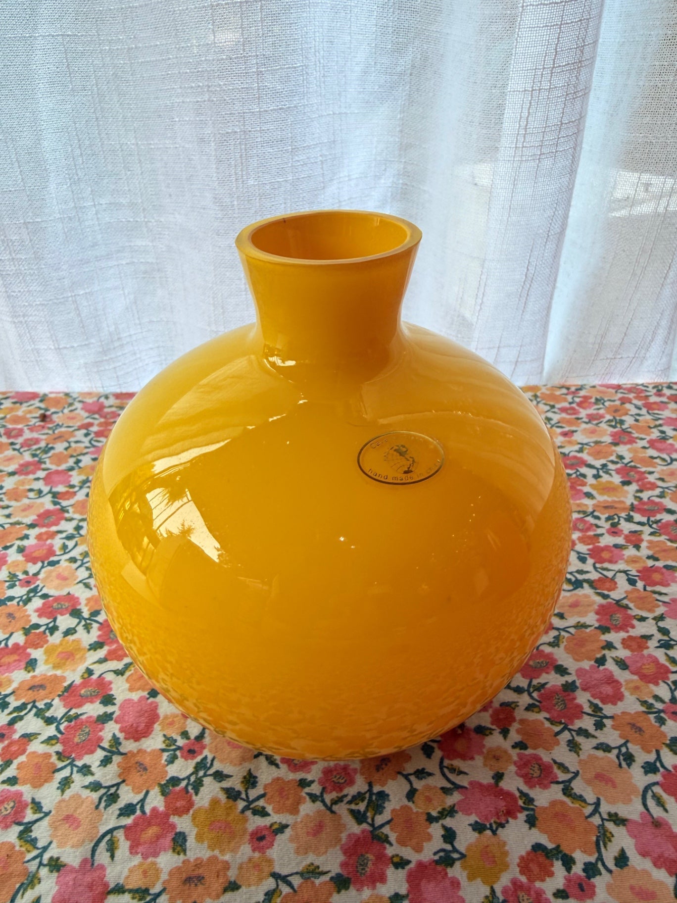 Vintage Bright Yellow Globular Art Glass Vase | Opaque Glossy Round Bottle Vase with Foil Sticker