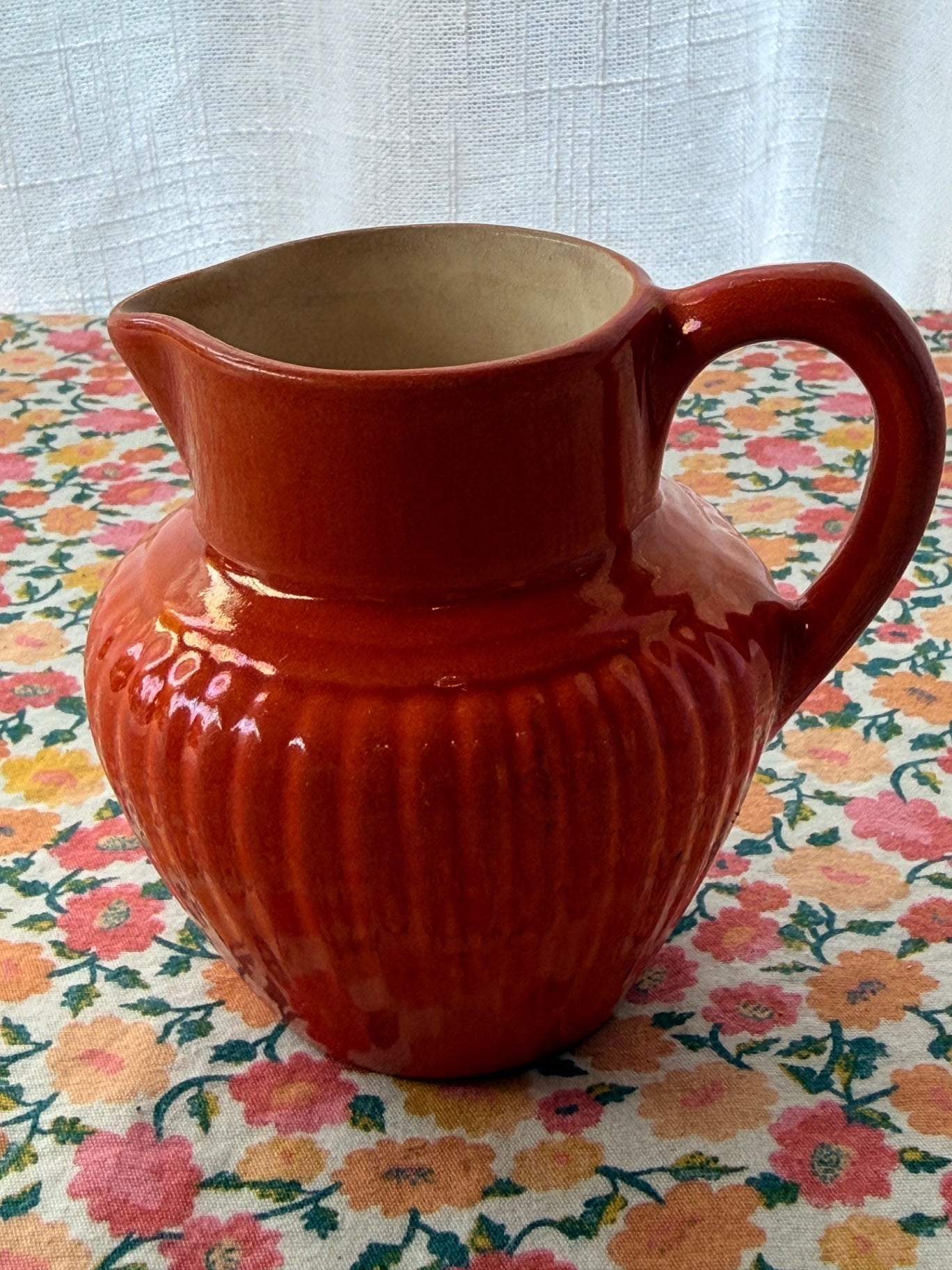 Vintage Terracotta Red Fluted Ceramic Pitcher | Farmhouse Kitchen Serving Jug