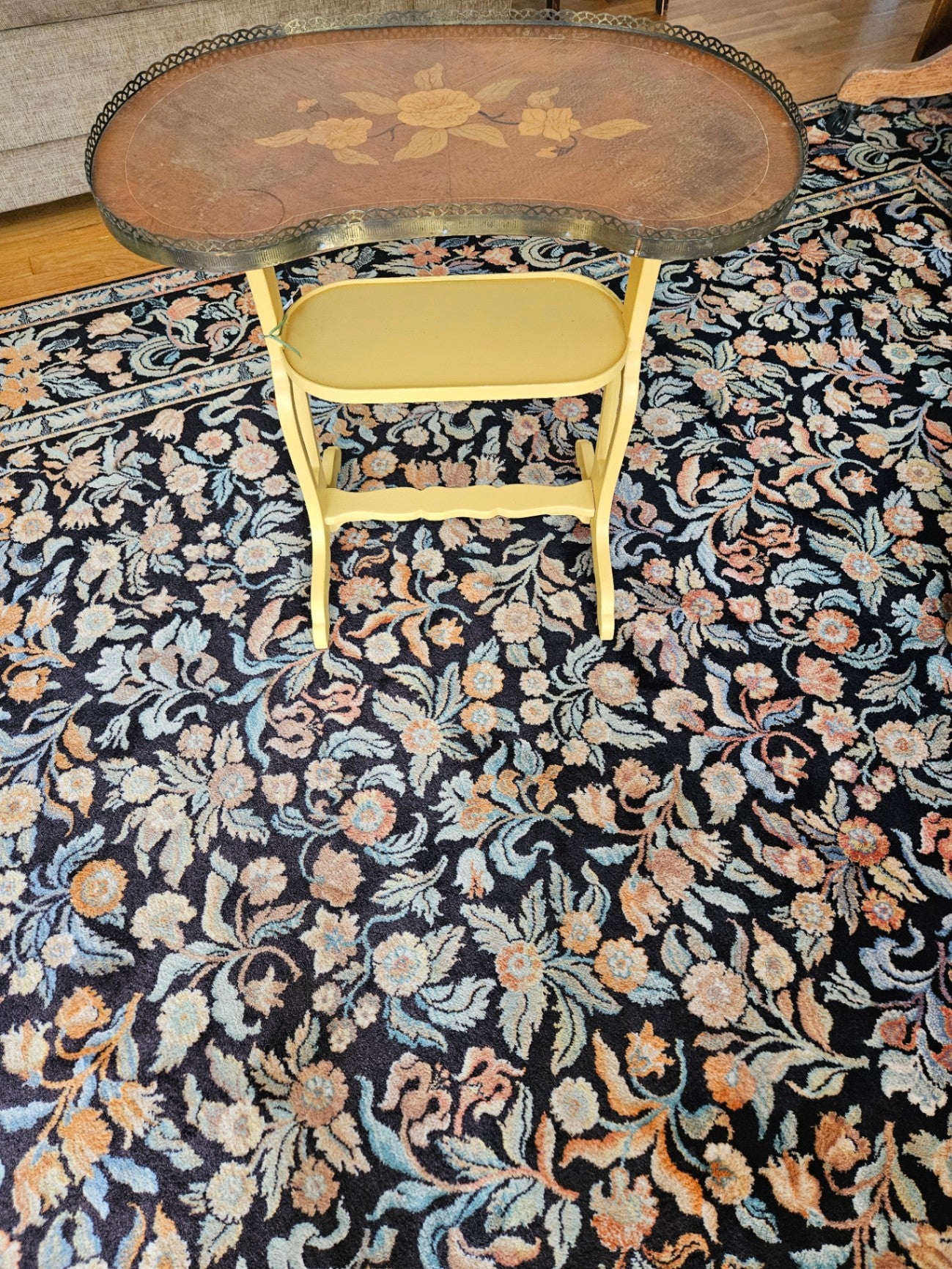 Vintage side table kidney shaped with floral inlay/brass gallery edge