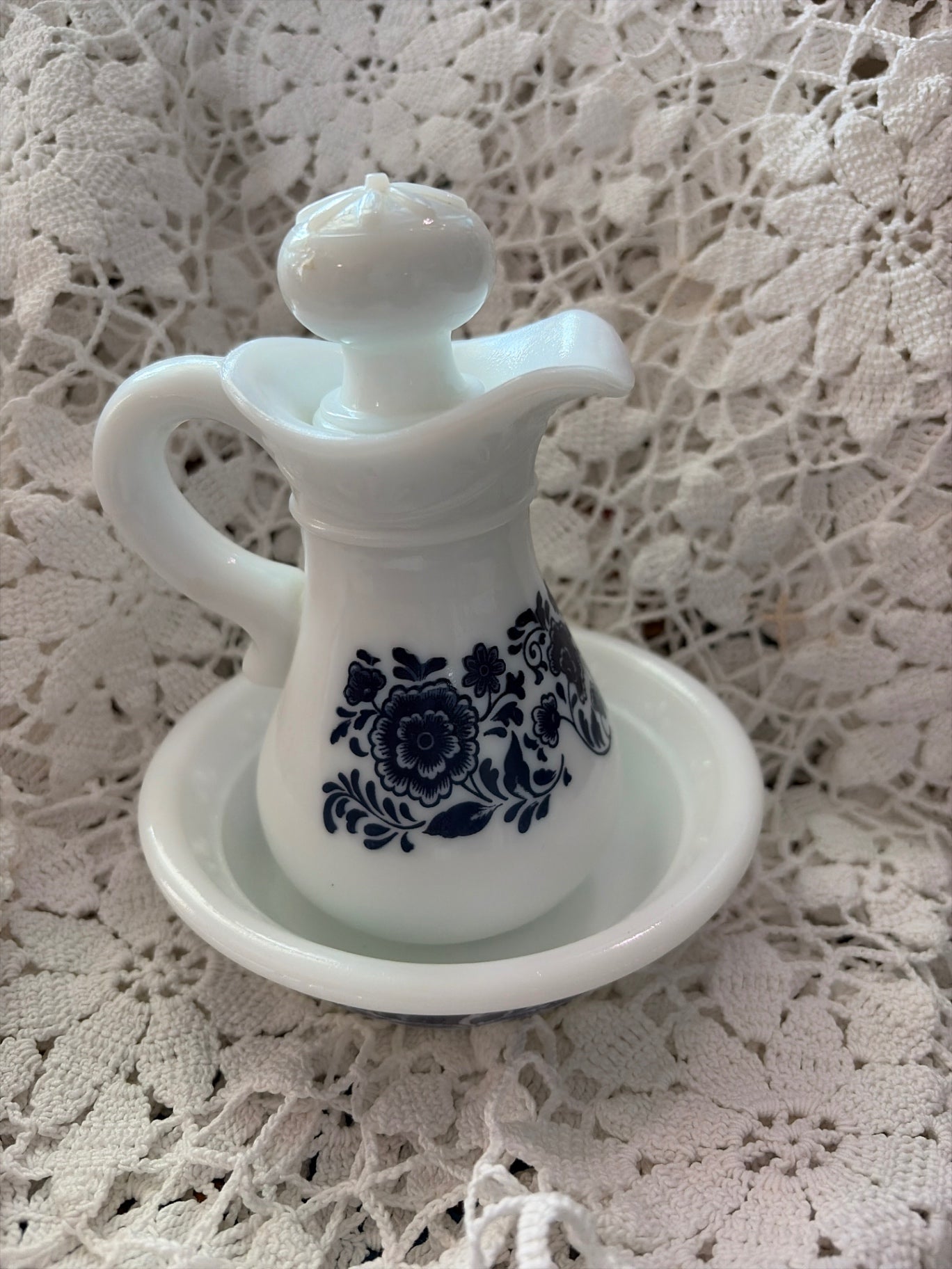 White & Blue vintage milk glass pitcher & bowl set