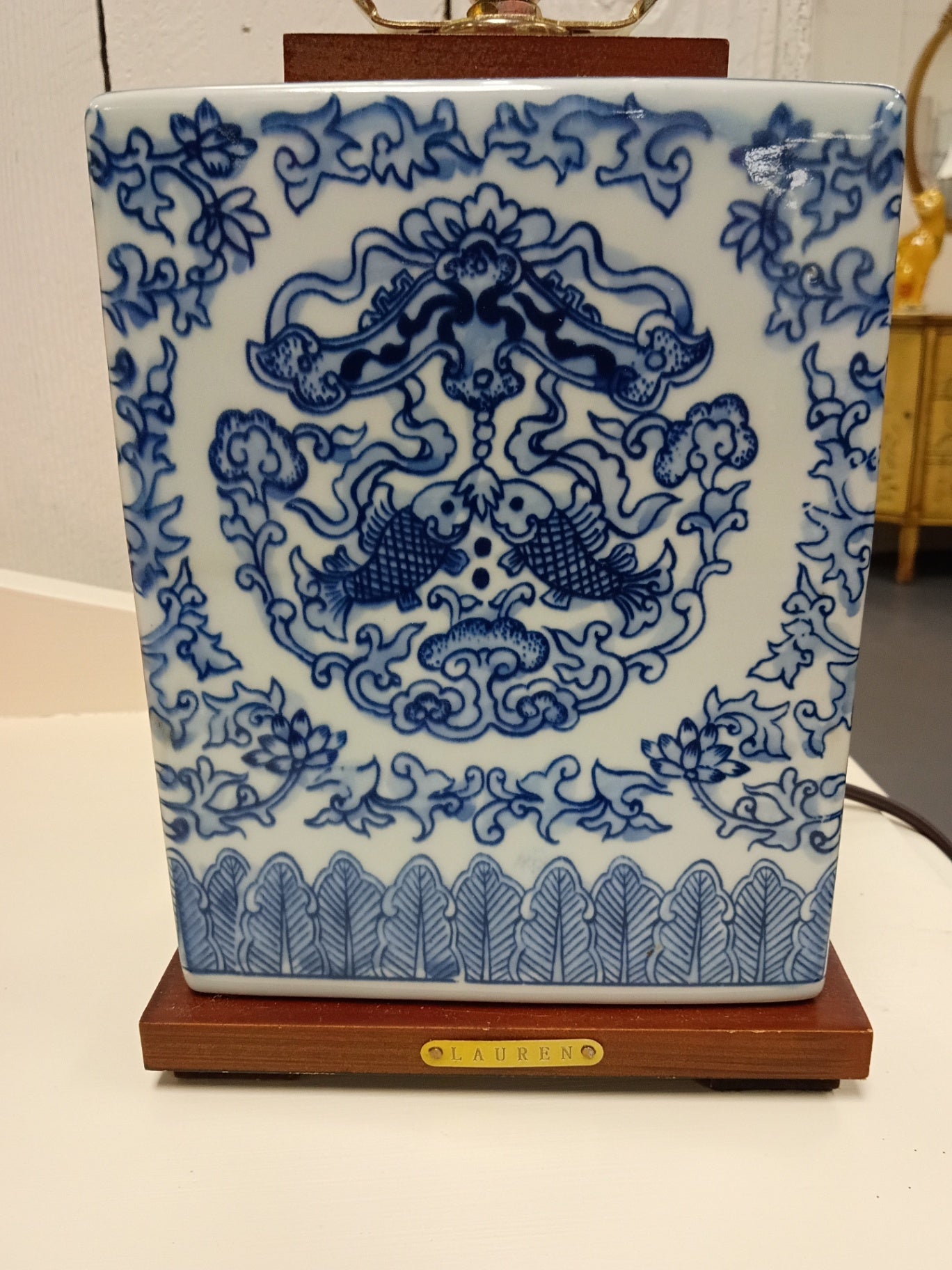 Lauren Ralph Lauren Blue & White Chinoiserie Table Lamp | Double Koi Fish Ceramic Square Base