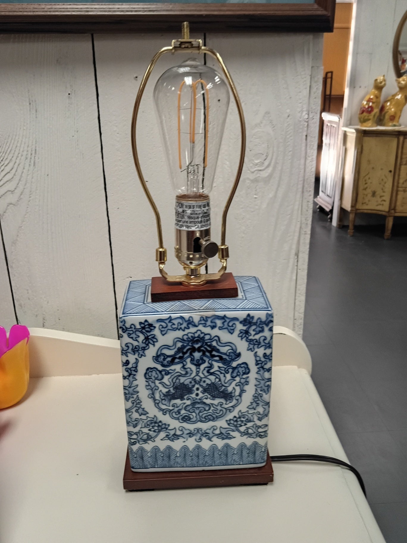 Lauren Ralph Lauren Blue & White Chinoiserie Table Lamp | Double Koi Fish Ceramic Square Base