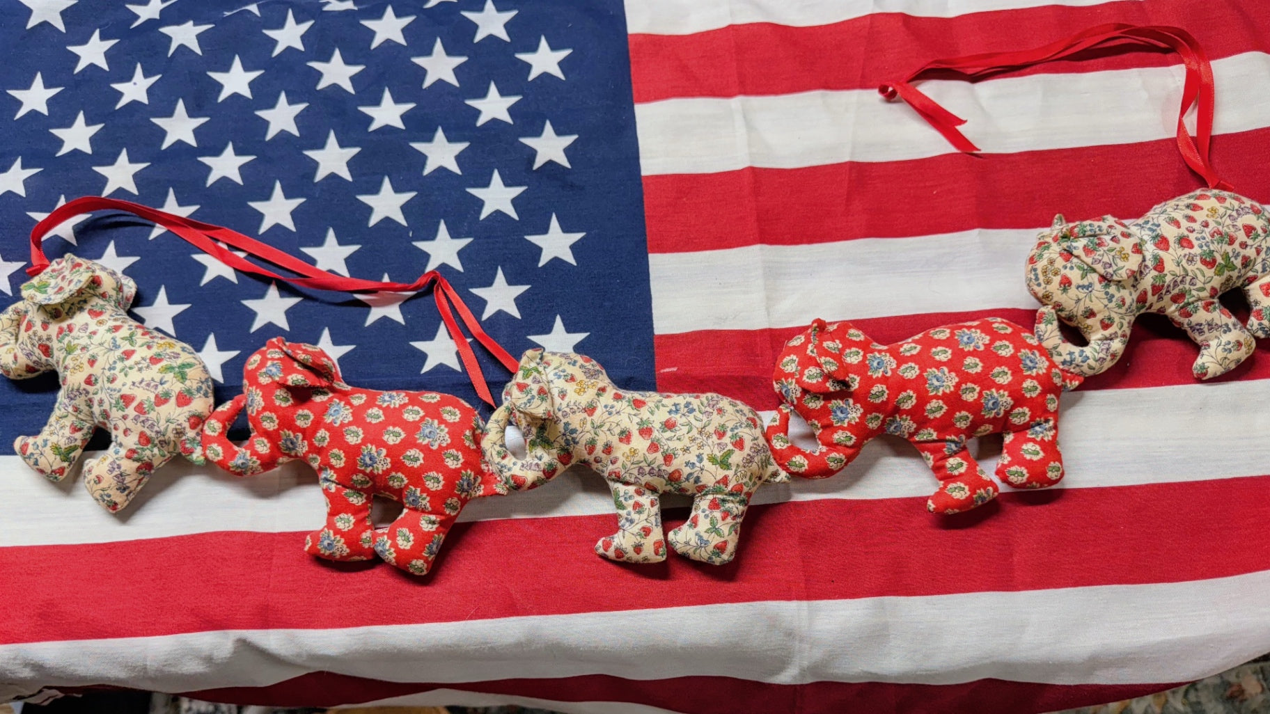 Handmade Fabric Elephant Garland | Red & Floral Patchwork Country Craft