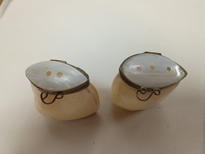 Vintage Mother of Pearl Shell Salt & Pepper Shakers | Hinged Brass Rim Natural Shells