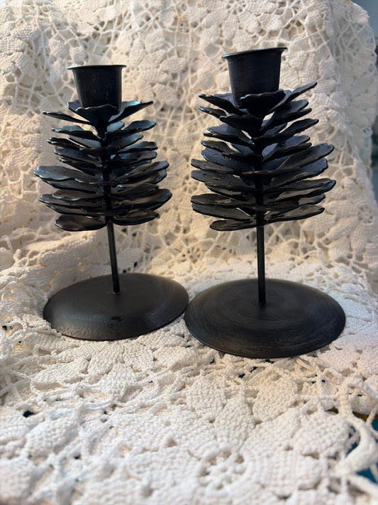 Black painted metal pinecone candle holders set of (2)