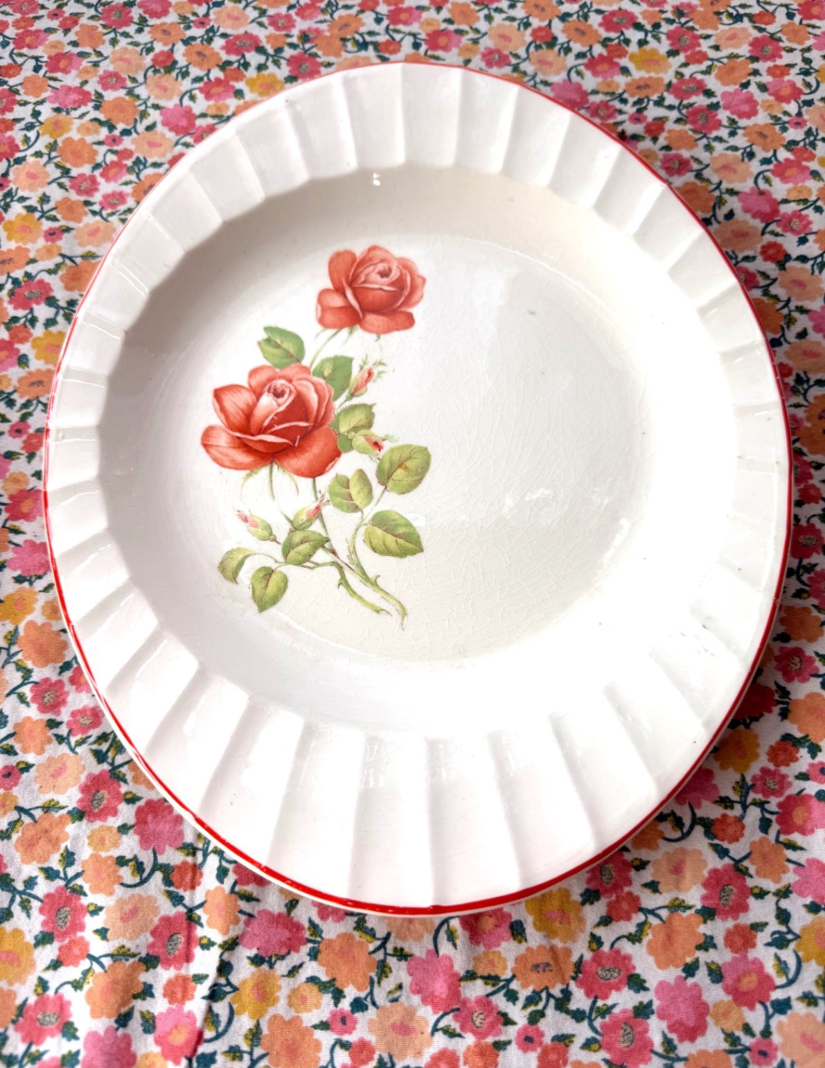 Vintage Ribbed Red Rose Floral Plate | Shabby Chic Cottagecore Ironstone Dish