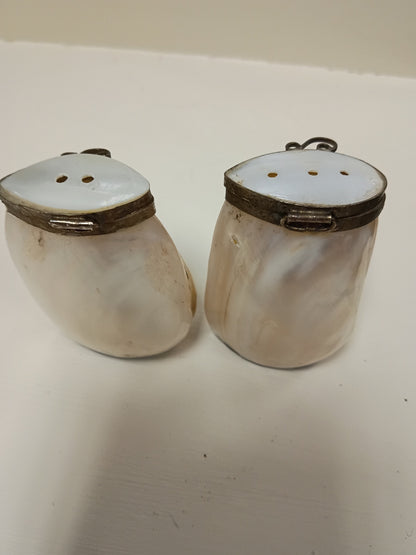 Vintage Mother of Pearl Shell Salt & Pepper Shakers | Hinged Brass Rim Natural Shells