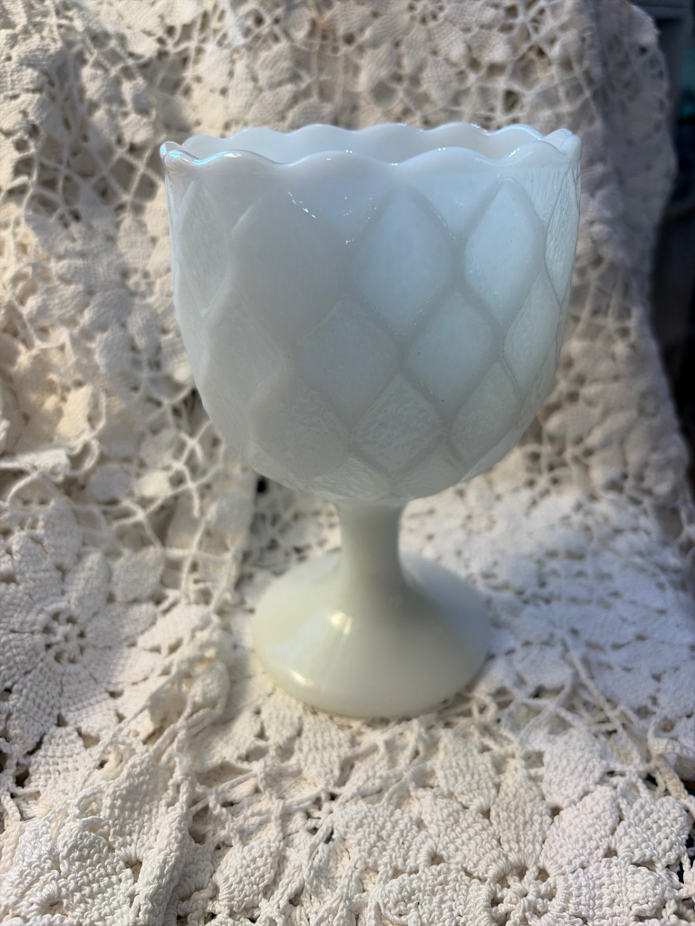 Honeycomb white milk glass pedestal vase