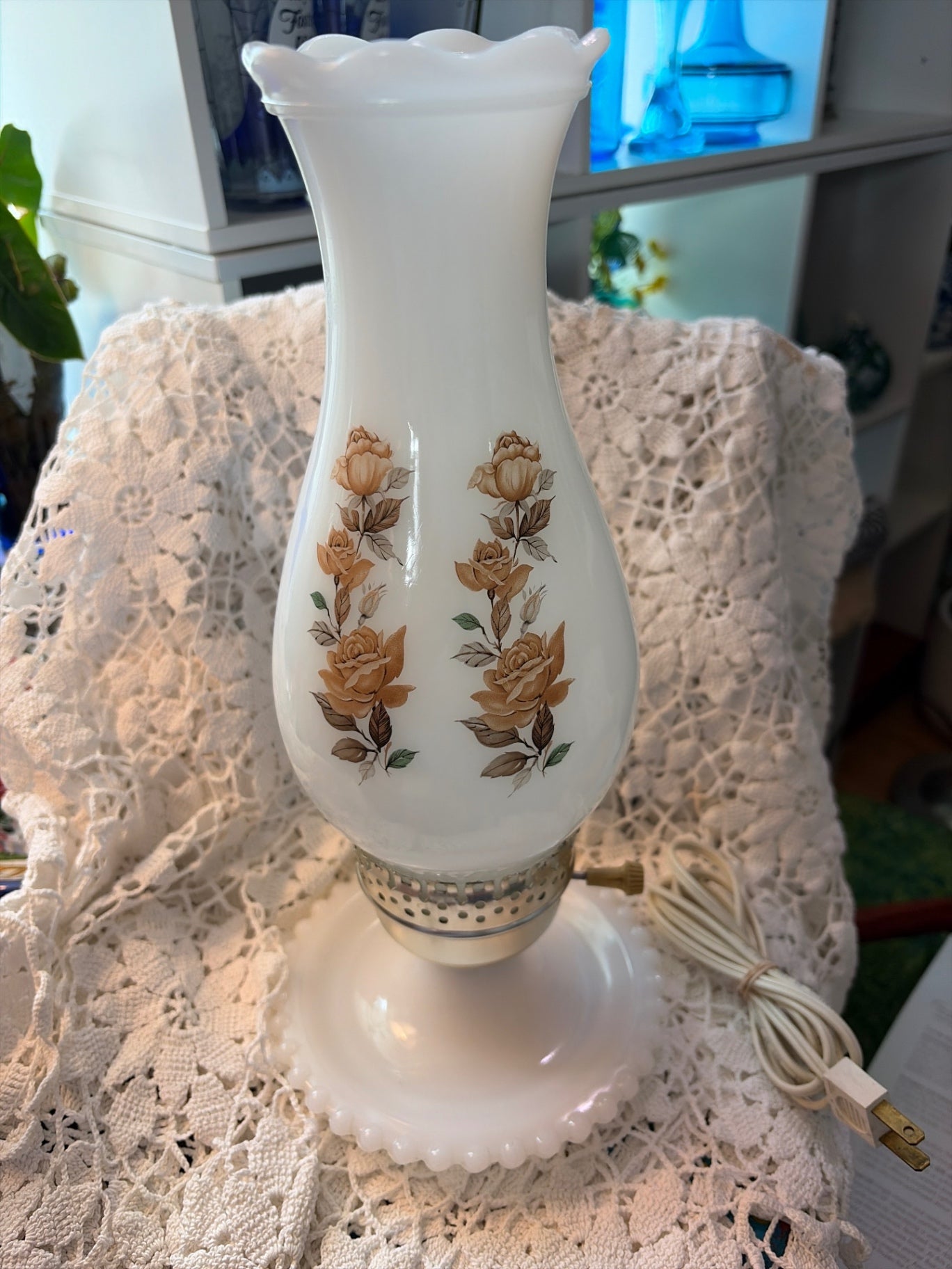 White milk glass and hobnail lamp