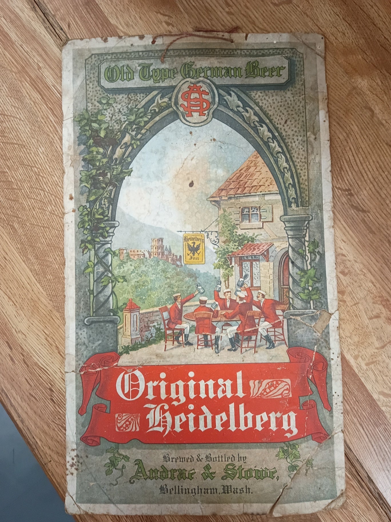 Antique Original Heidelberg Beer Lithograph Sign | Pre-Prohibition Andrae & Stowe Bellingham Brewery