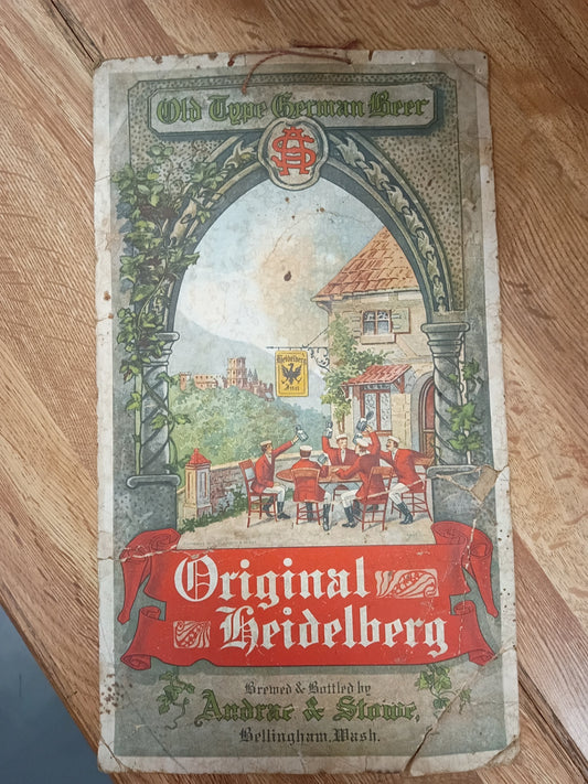 Antique Original Heidelberg Beer Lithograph Sign | Pre-Prohibition Andrae & Stowe Bellingham Brewery